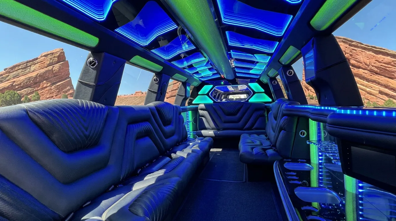 Inside the Chevy Suburban limo in Breckenridge Colorado: LED light-show ceiling, leather lounge seating and lit bar