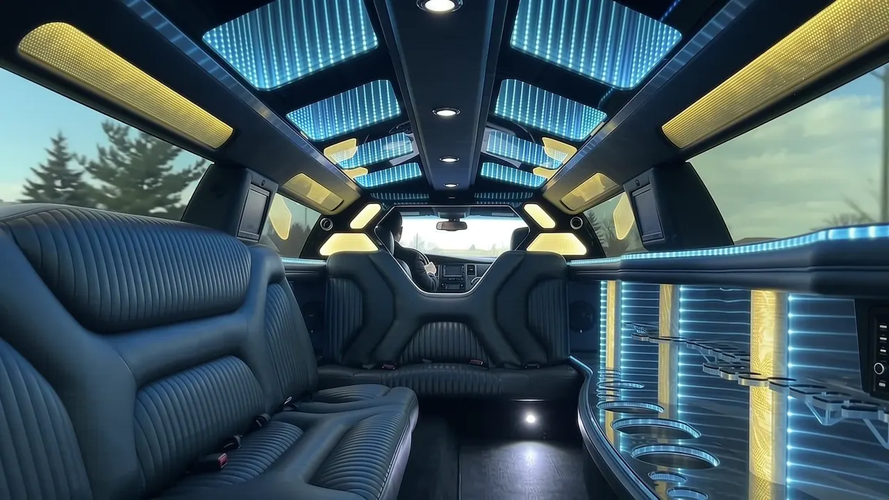 Inside the Dodge Charger limo in Breckenridge Colorado: LED light-show ceiling, leather lounge seating and lit bar