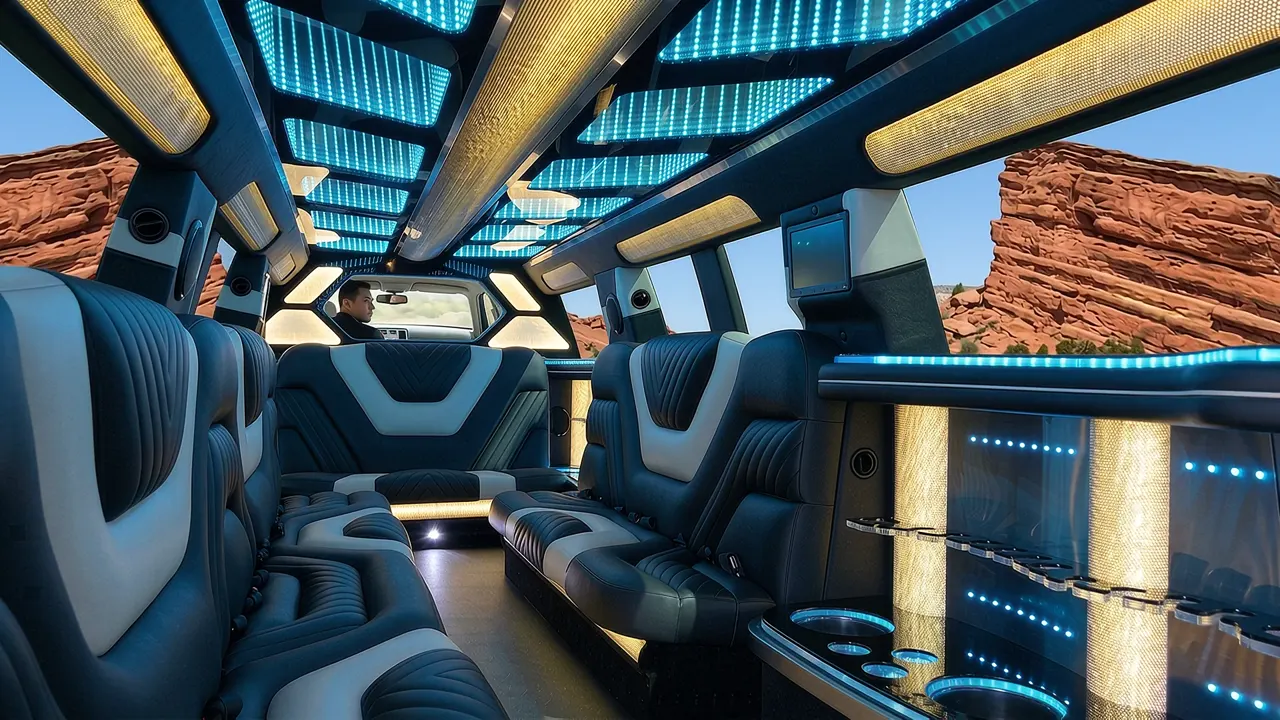 Inside the Mercedes GLS limo in Breckenridge Colorado: LED light-show ceiling, leather lounge seating and lit bar